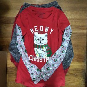 Wound Up M juniors 7-9 Meowy Christmas pj faux layered Top w.leggins slippers